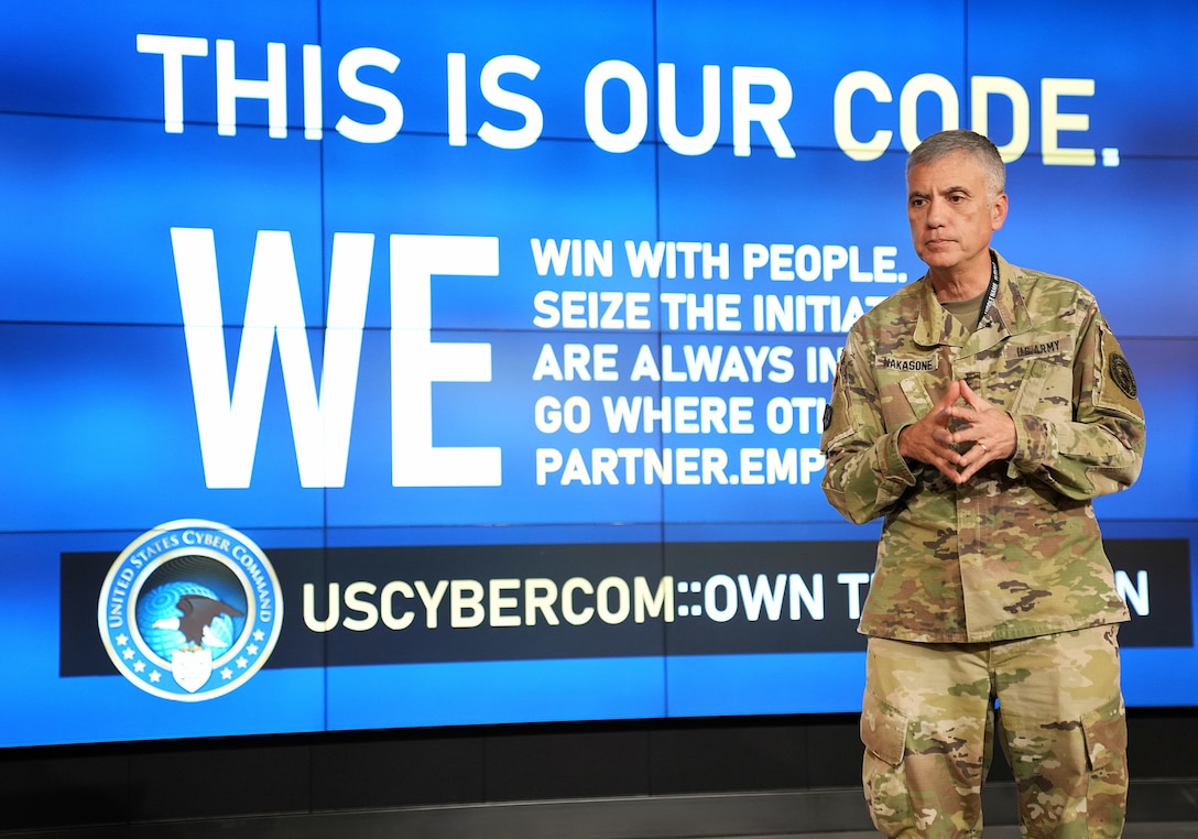 General Nakasone engages with the workforce during an all call where the new CYBERCOM Code is launched. (Photo by USCYBERCOM Public Affairs Office)