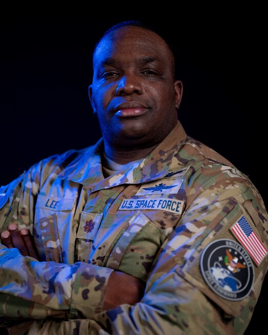  United States Space Force Maj. Julius Lee poses for a portrait at Peterson Space Force Base, Colorado, January 29th, 2024. Currently serving at Headquarters, United States Space Command, Lee transferred to the Space Force from the U.S. Army. (U.S. Space Force photo by Dave Grim)