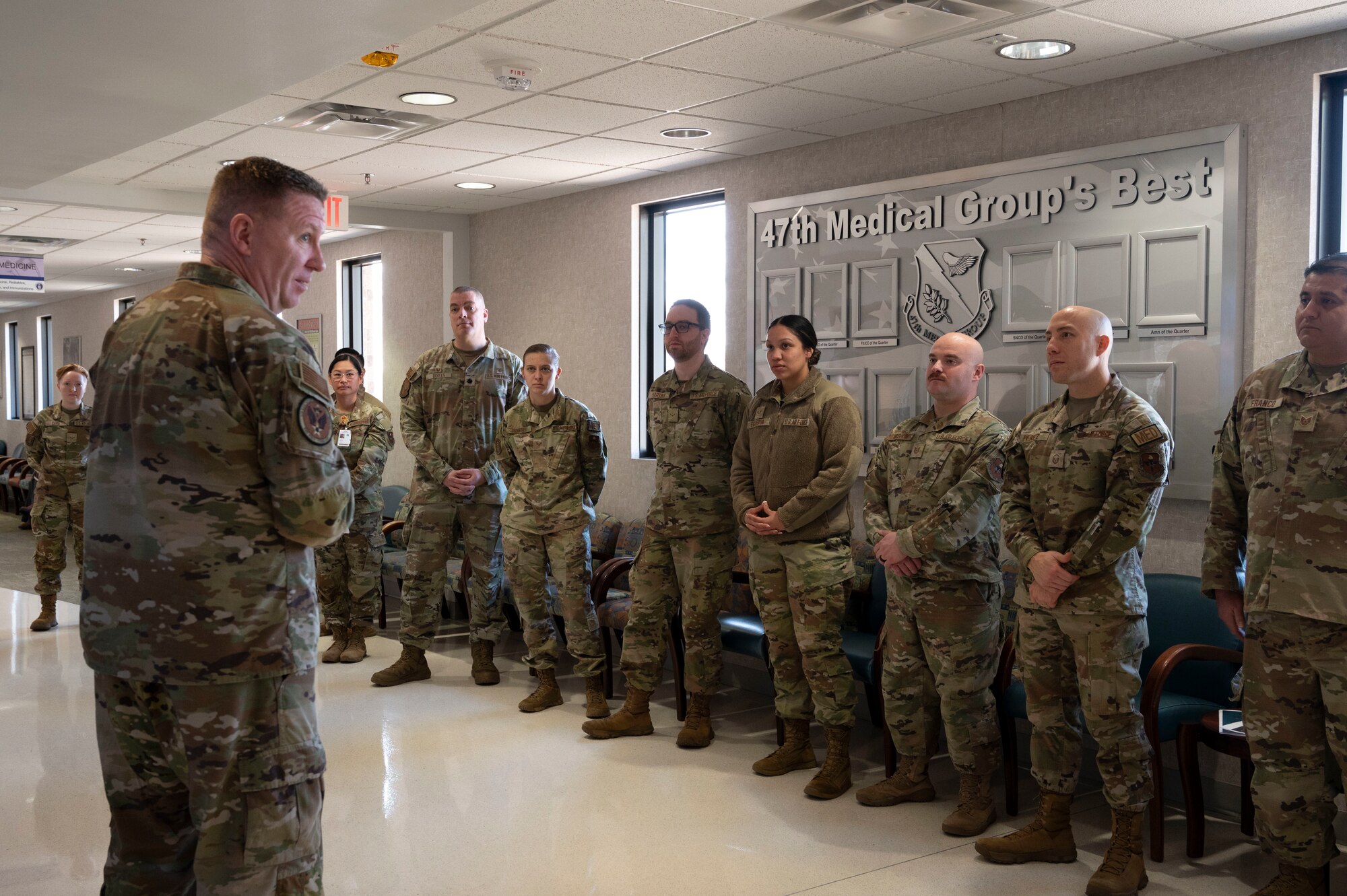 U.S. Air Force Chief Master Sgt. Chad Bickley (left), command chief for Air Education and Training Command, speaks to members of the 47th Medical Group at Laughlin Air Force Base, Texas, Jan. 22, 2024. Bickley spoke to members of the 47th Medical Group about their significant role in Team XL’s success and expressed his appreciation for their contributions to the mission of producing combat-ready airmen, leaders and pilots. (U.S. Air Force photo by Senior Airman Kailee Reynolds)