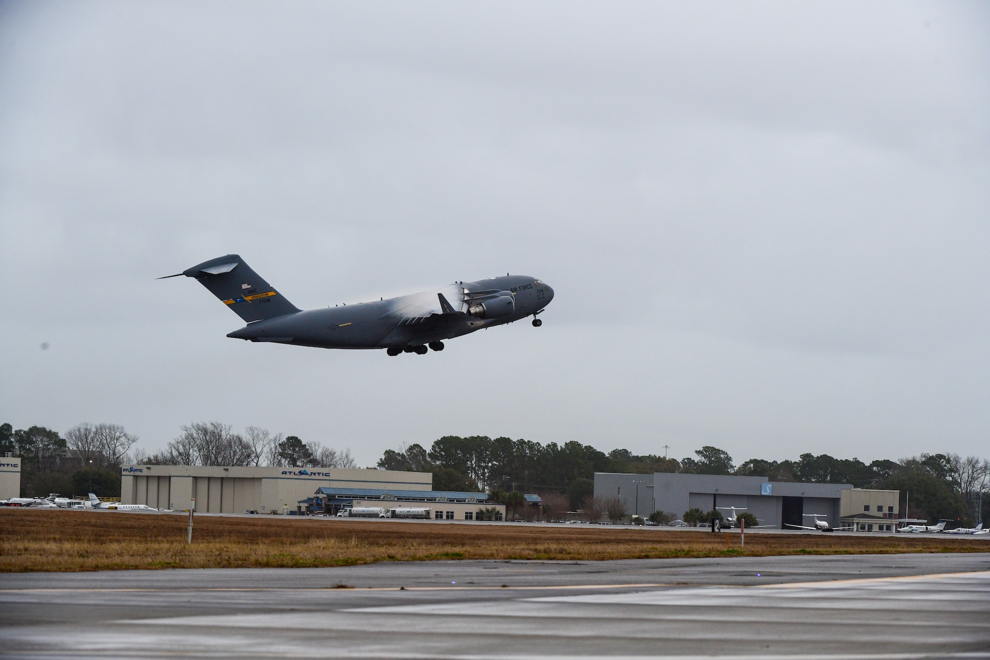 A photo of an aircraft taking off.