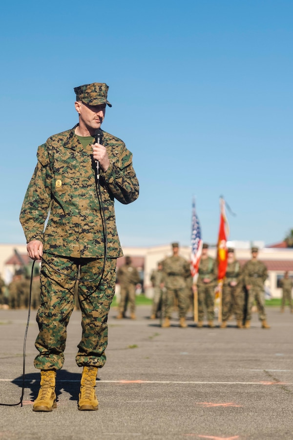 U.S. Navy Master Chief Charles F. Ziervogel, outgoing command master chief for I Marine Expeditionary Force, gives remarks during a change of charge ceremony at Marine Corps Base Camp Pendleton, California, Jan. 26, 2024. Ziervogel, relinquished his duties as the I MEF Command Master Chief to U.S. Navy Master Chief Loren D. Rucker. (U.S. Marine Corps photo by Sgt. Samuel C. Fletcher)