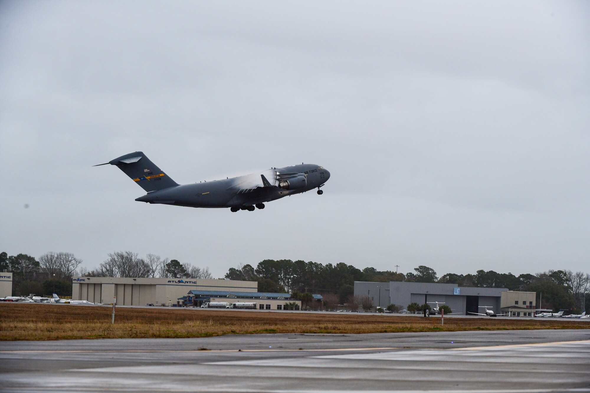 A photo of an aircraft taking off.