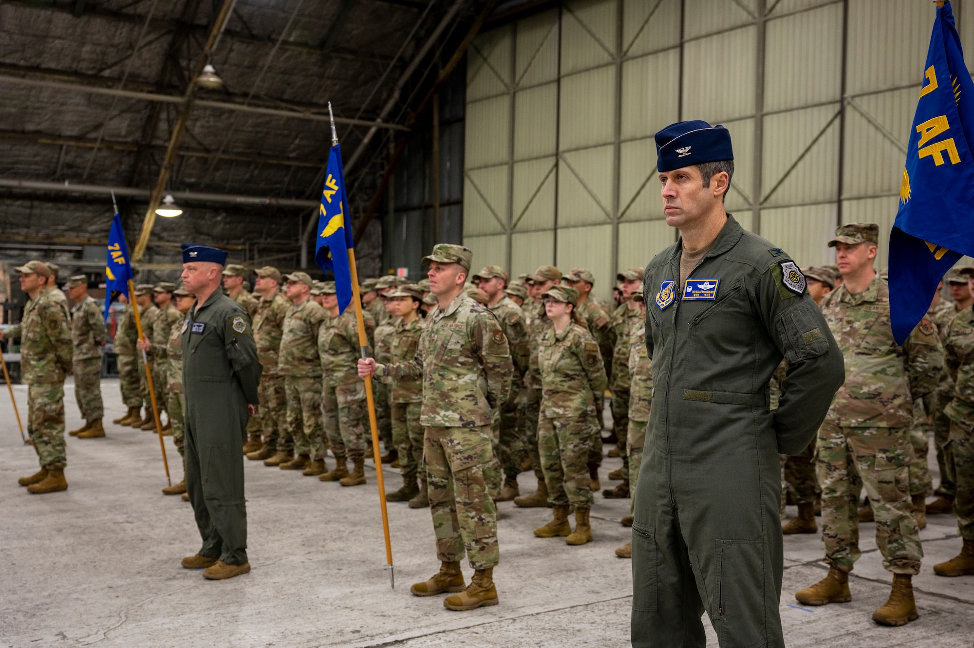 U.S. service members stand in formation during the Seventh Air Force change of command ceremony at Osan Air Base, Republic of Korea.