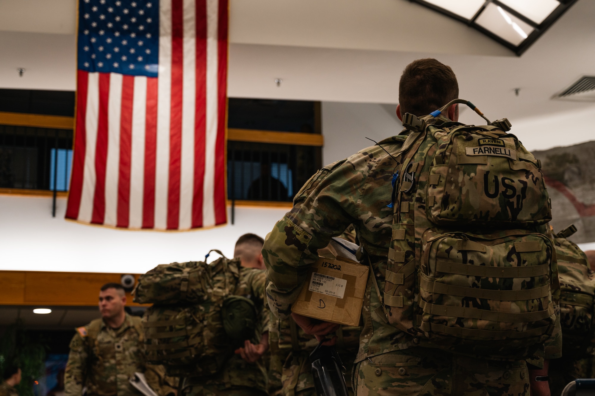 U.S. Army Soldiers assigned to the 44th Infantry Brigade Combat Team, New Jersey Army National Guard, prepare to depart from Joint Base McGuire-Dix-Lakehurst, N.J., Jan. 25, 2024. More than 1,500 NJARNG Soldiers are deploying to support U.S. Central Command’s Combined Joint Task Force-Operation Inherent Resolve. This is the largest deployment of NJARNG Soldiers since 2008. (U.S. Air Force photo by Senior Airman Sergio Avalos)