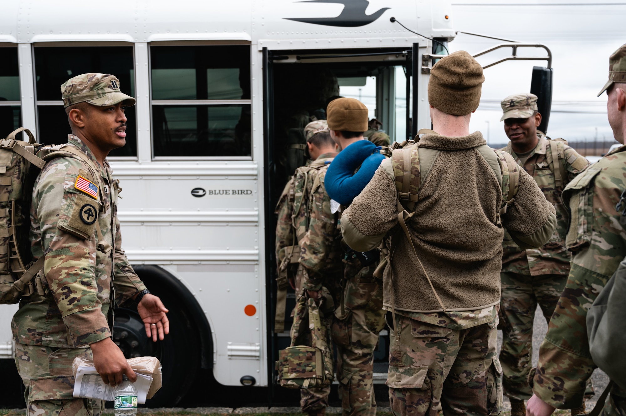 U.S. Army Soldiers assigned to the 44th Infantry Brigade Combat Team, New Jersey Army National Guard, prepare to depart from Joint Base McGuire-Dix-Lakehurst, N.J., Jan. 25, 2024. More than 1,500 NJARNG Soldiers are deploying to support U.S. Central Command’s Combined Joint Task Force-Operation Inherent Resolve. This is the largest deployment of NJARNG Soldiers since 2008. (U.S. Air Force photo by Senior Airman Sergio Avalos)
