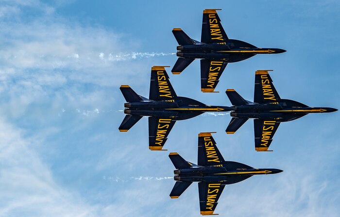 The U.S. Navy Flight Demonstration Squadron, the Blue Angels, perform at the Tinker Air Show in Oklahoma City, Okla.