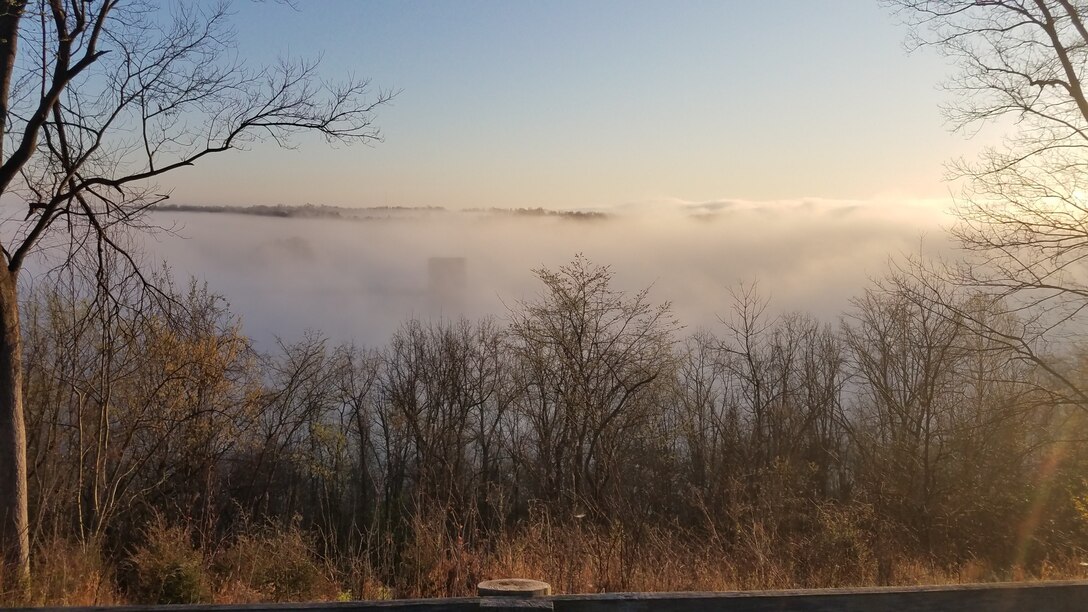 Fog rising over Taylorsville Lake in Taylorsville, Kentucky.