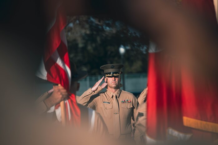 U.S. Marine Corps Maj. Ryan Russell, a Kentwood, Mich. native and executive officer with 1st Recruit Training Battalion, salutes during a morning colors ceremony at Marine Corps Recruit Depot, Jan. 26, 2024. The morning colors ceremony is conducted to formally raise our nation’s and provide a brief moment to reflect on its meaning. (U.S. Marine Corps photo by Lance Cpl. Janell B. Alvarez)