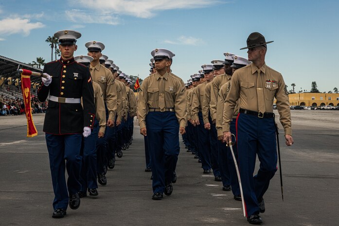U.S. Marines with Bravo Company, 1st Recruit Training Battalion, march in formation during a graduation ceremony at Marine Corps Recruit Depot San Diego, Jan. 26, 2024. Graduation took place at the completion of the 13-week transformation, which included training for drill, marksmanship, basic combat skills, and Marine Corps customs and traditions. (U.S. Marine Corps photo by Lance Cpl. Jacob B. Hutchinson)