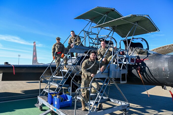 U.S. Air Force maintainers from the 9th Aircraft Maintenance Squadron pose in front of the TU-2S Dragon Lady tail number 1065 after it completed its final flight Jan. 11, 2024, at Beale Air Force Base, California.