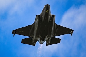 A U.S. Air Force F-35A Lightning II assigned to the 60th Fighter Squadron, flies overhead after conducting a live weapons drop at Camp Shelby, Miss., Oct 25, 2023.