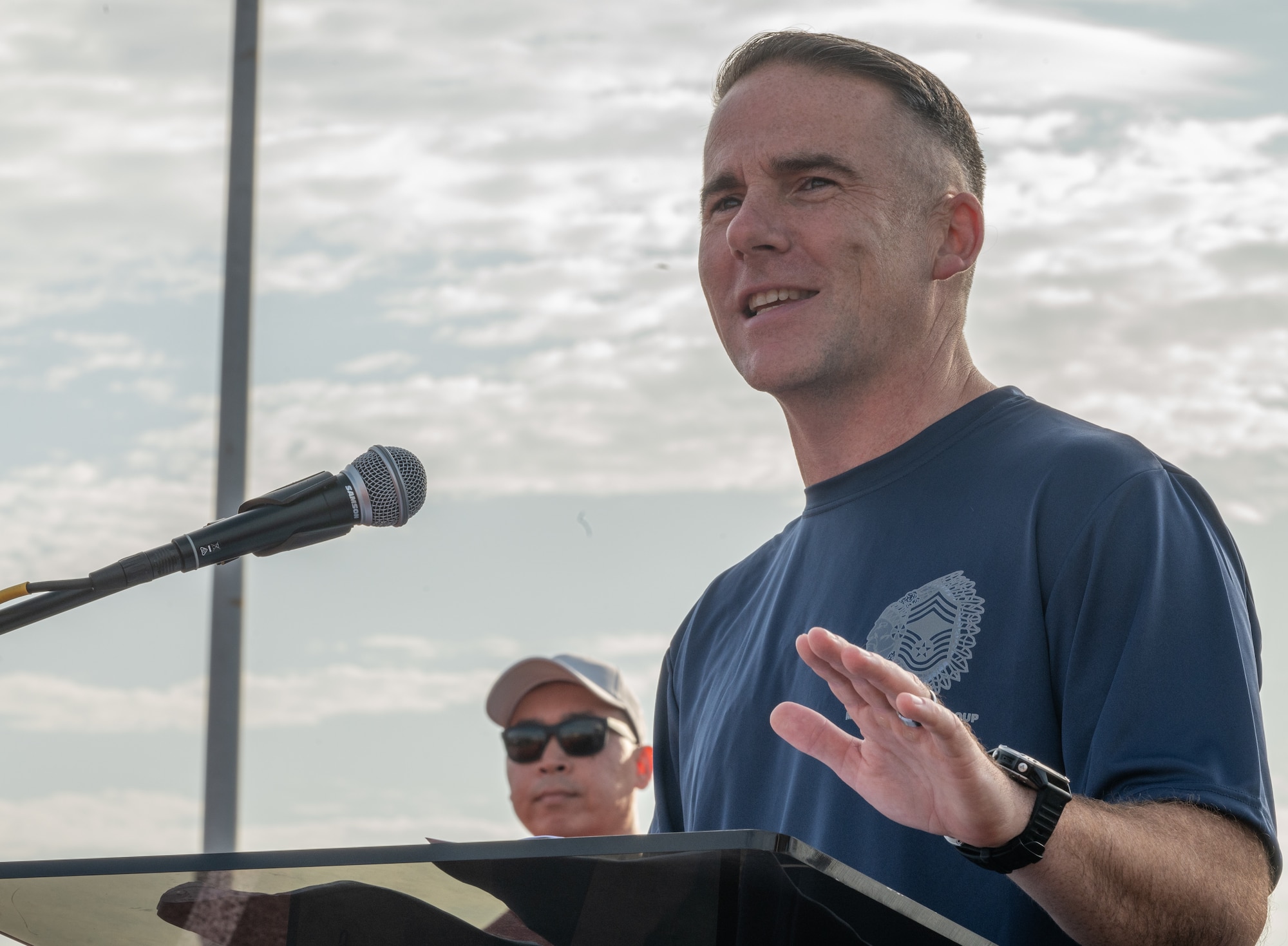 U.S. Air Force Chief Master Sgt. Raun Howell, 6th Air Refueling Wing command chief, delivers opening remarks during Wingman Day at MacDill Air Force Base, Florida, Jan. 26, 2024.