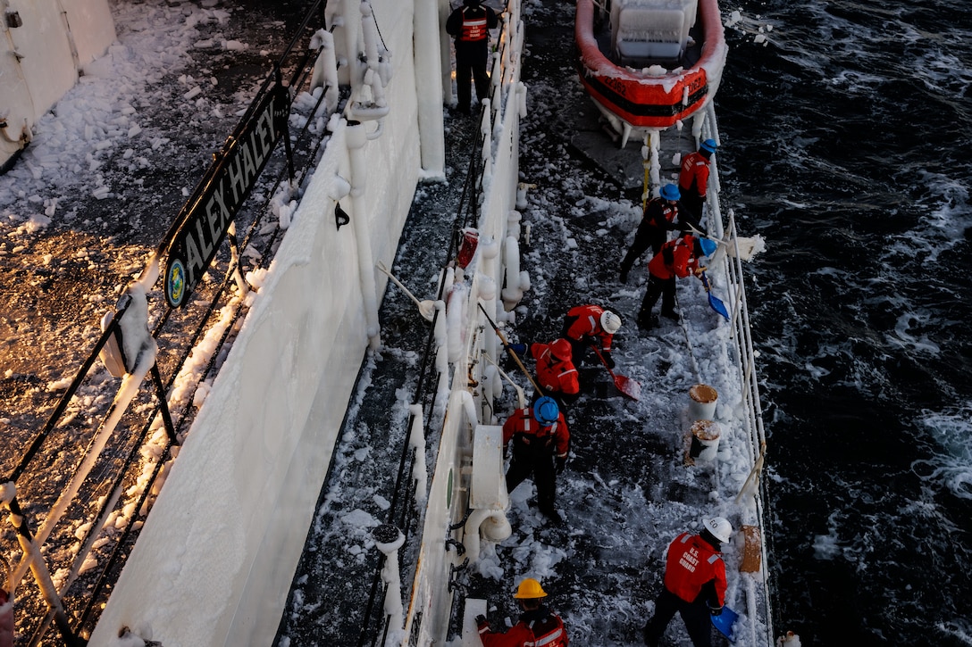 USCGC Alex Haley's (WMEC-39) crew removes ice from the ship following heavy icing conditions in the Bering Sea Jan. 27, 2024. Haley's crew completed a 45-day patrol during which they conducted domestic fisheries enforcement, responded to search and rescue, and conducted several shipboard training exercises. (U.S. Coast Guard photo by Petty Officer 1st Class Jasen Newman)
