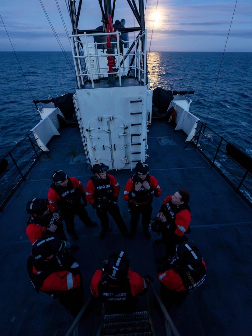 USCGC Alex Haley's (WMEC-39) law enforcement team conducts a mission brief prior to commercial fishing vessel at-sea boarding in the Bering Sea Jan. 24, 2024. Haley's crew completed a 45-day patrol during which they conducted domestic fisheries enforcement, responded to search and rescue, and conducted several shipboard training exercises. (U.S. Coast Guard photo by Petty Officer 1st Class Jasen Newman)