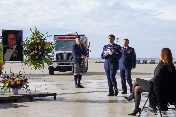 U.S. Air Force 9th Civil Engineer Squadron Airmen conduct a flag ceremony during the late Calvin Hendrix, 9th CES deputy commander, memorial ceremony Jan. 19, 2024, at Beale Air Force Base, California.