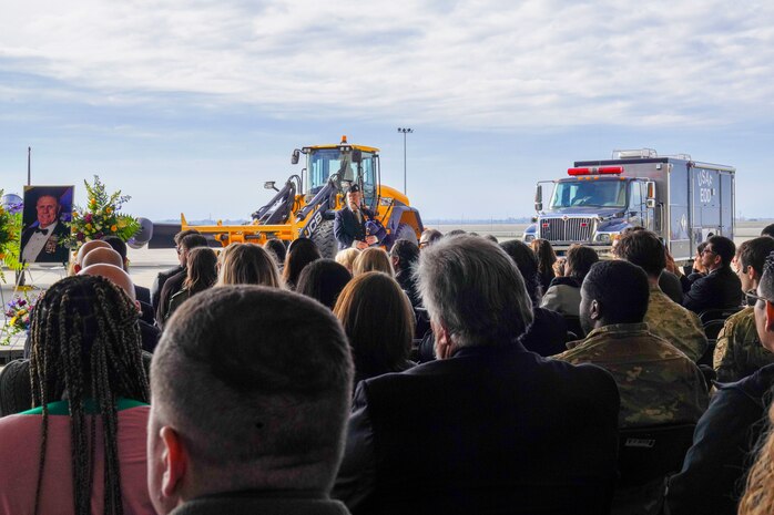 A bagpipe player plays bagpipes during the late Calvin Hendrix, 9th Civil Engineer Squadron deputy commander, memorial ceremony Jan. 19, 2024, at Beale Air Force Base, California.