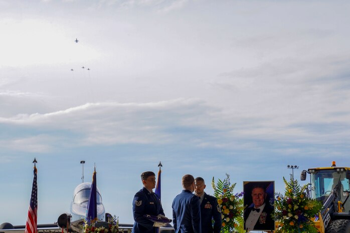 The late Calvin Hendrix, 9th Civil Engineer Squadron deputy commander, urn is displayed on a table during his memorial ceremony Jan. 19, 2024, at Beale Air Force Base, California.