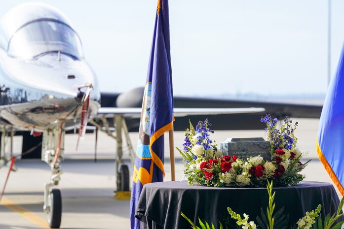 The late Calvin Hendrix, 9th Civil Engineer Squadron deputy commander, urn is displayed on a table during his memorial ceremony Jan. 19, 2024, at Beale Air Force Base, California.