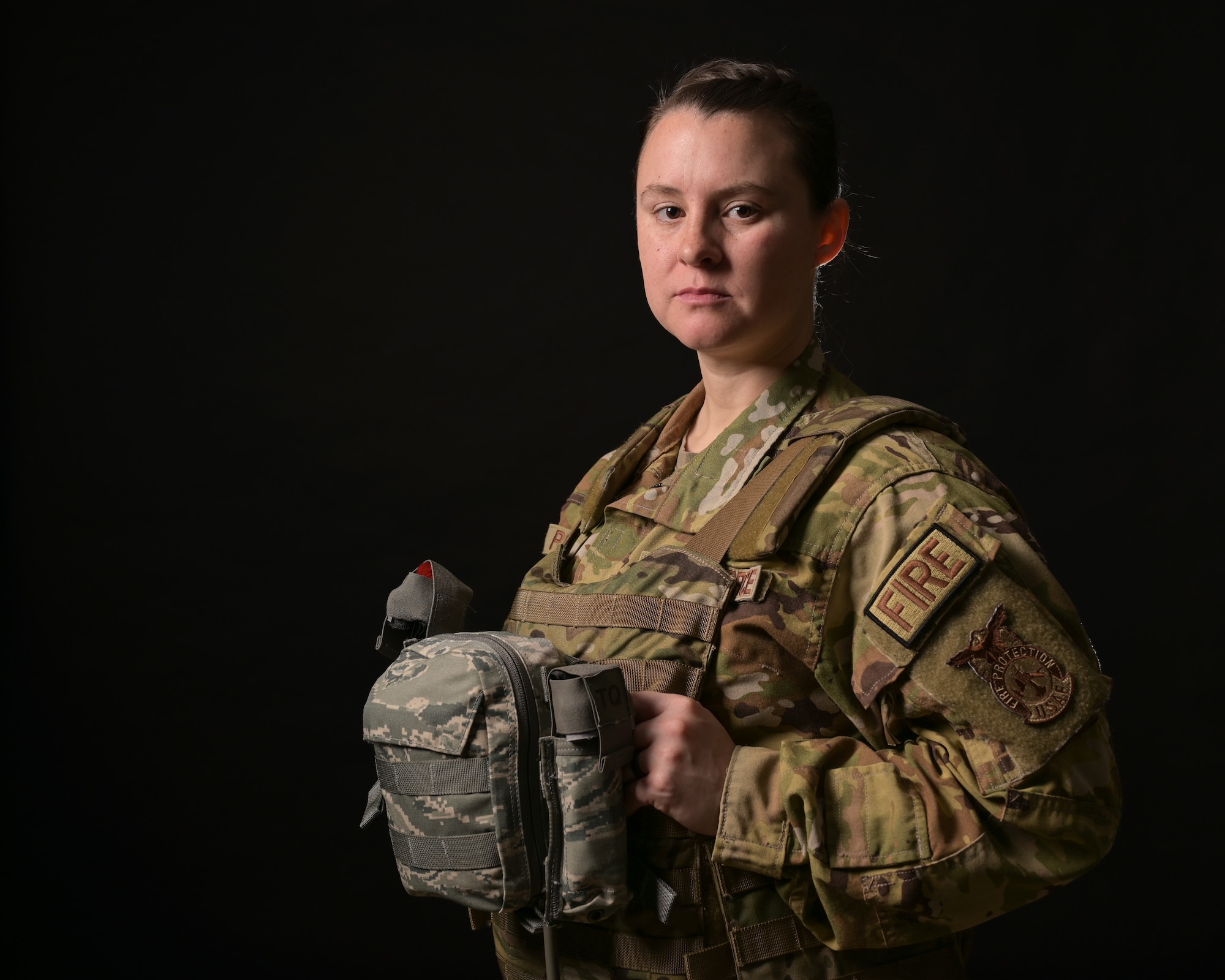 U.S. Air Force Tech. Sgt. Alyssa Poyner, a 1st Special Operations Civil Engineer Squadron lead firefighter, poses for a photo at Hurlburt Field, Florida, Jan. 25, 2024. Poyner taught Tactical Combat Casualty Care to approximately 375 instructors and faculty members in the Santa Rosa School District. (U.S. Air Force photo by Senior Airman Alysa Calvarese)