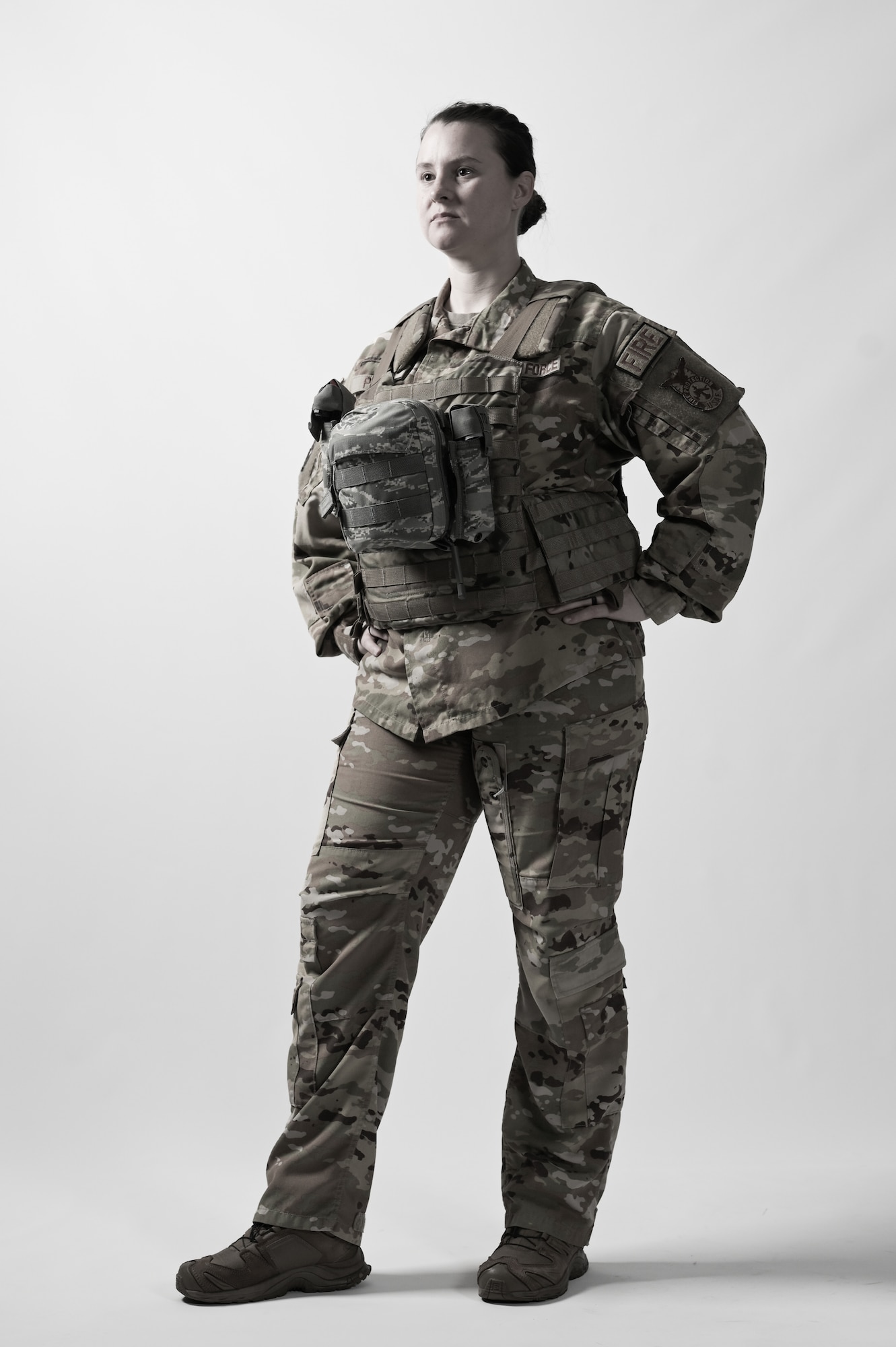 U.S. Air Force Tech. Sgt. Alyssa Poyner, a 1st Special Operations Civil Engineer Squadron lead firefighter, poses for a photo at Hurlburt Field, Florida, Jan. 25, 2024. Poyner’s background in medical services, Tactical Combat Casualty Care training, fire and emergency services has equipped her to train numerous members within the Santa Rosa School District. (U.S. Air Force photo by Senior Airman Alysa Calvarese)