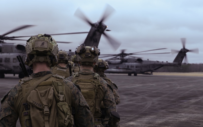 Marine line up near helicopters.