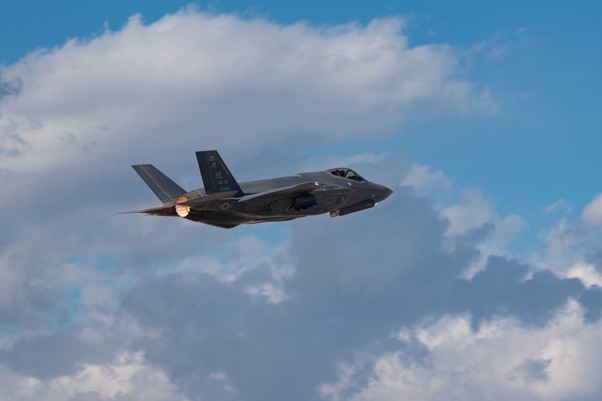 An F-35A Lightning II assigned to the 388th Fighter Wing, Hill Air Force Base, Utah, takes off for Red Flag-Nellis 24-1 mission at Nellis AFB, Nev., Jan. 25, 2024. These exercises build partnerships and interoperability among allies across multiple domains and provide aircrews the experience of multiple, intensive air combat sorties in the safety of a training environment. (U.S. Air Force photo by William R. Lewis)
