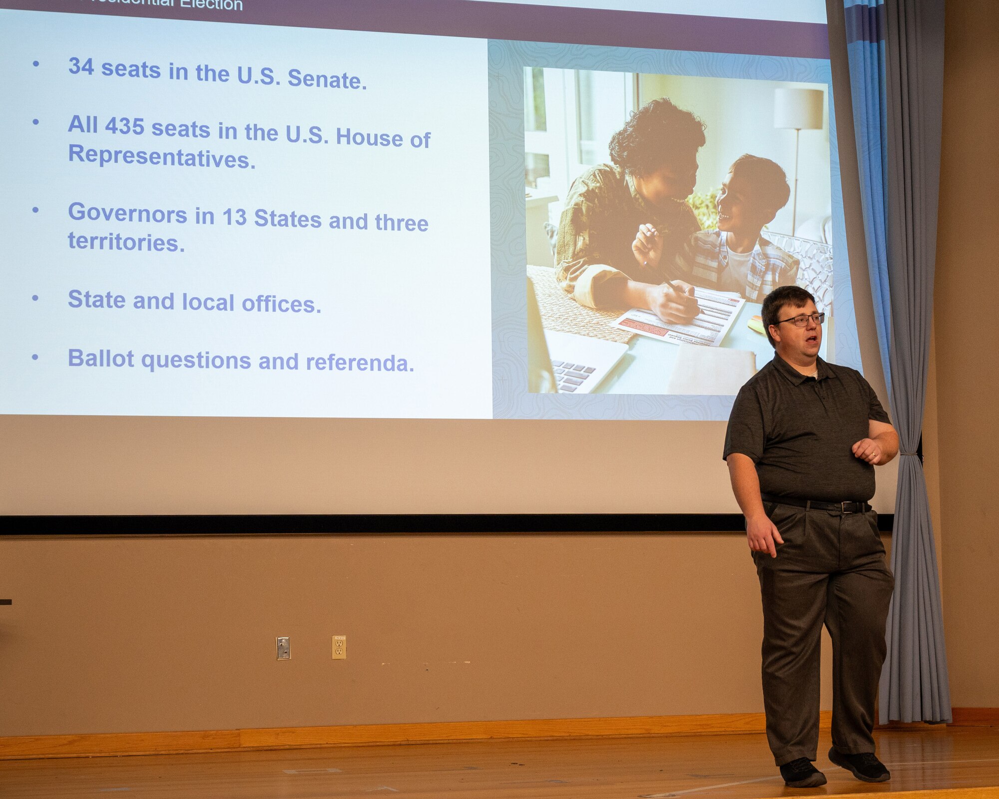 Brian Griffiths, Federal Voting Assistance Program (FVAP) senior program analyst, explains the significance of the upcoming election cycle at Laughlin Air Force Base, Texas, Jan. 23, 2024. Voting in elections is the bedrock of selecting future leaders for the United States. (U.S. Air Force photo by Staff Sgt. Nicholas Larsen)