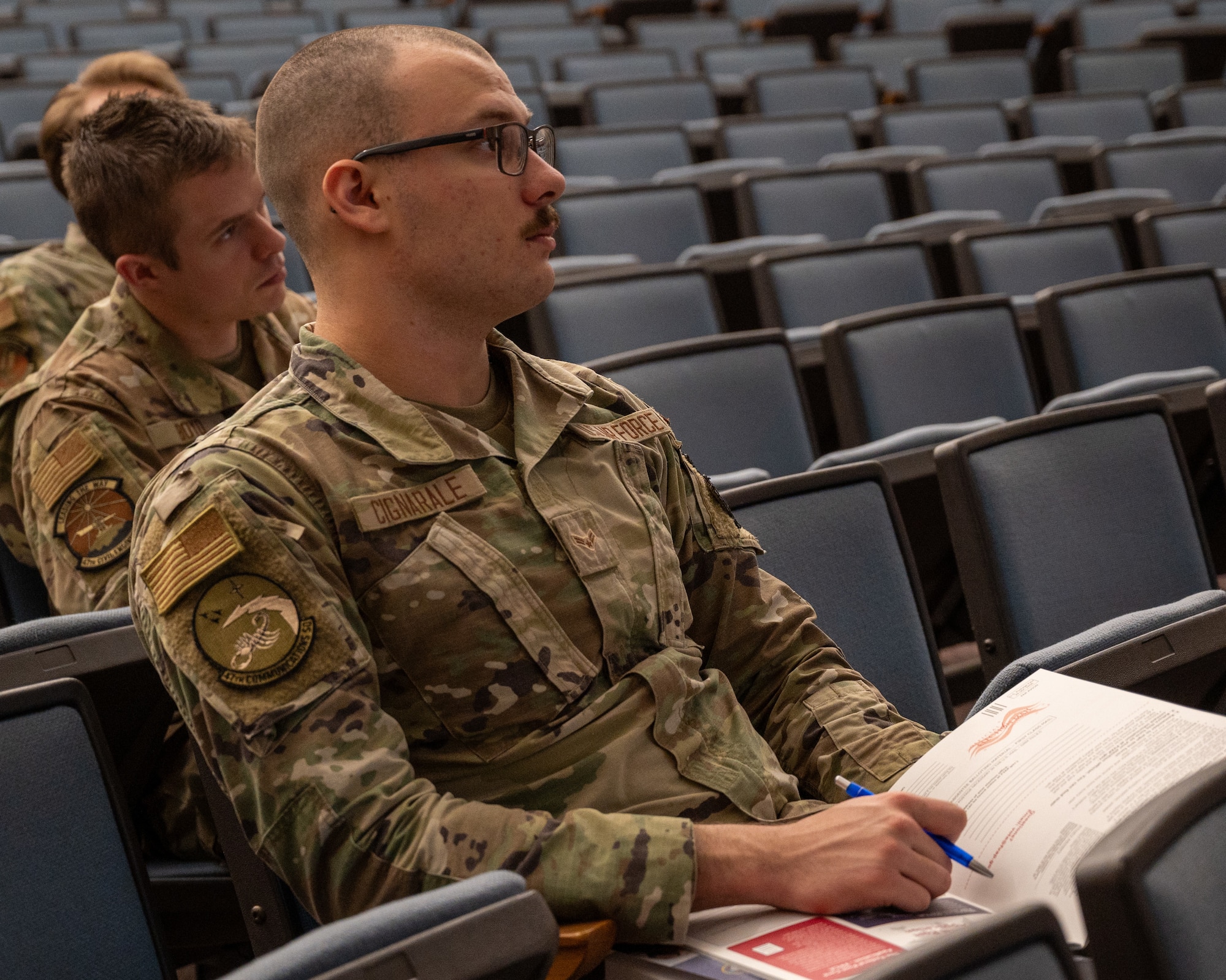 U.S. Air Force Airman 1st Class Xander Cignarale, 47th Communications Squadron unit voting assistance officer, listens as his role is explained to him in a workshop at Laughlin Air Force Base, Texas, Jan. 23, 2024. The voting assistance workshop provides Airmen with the resouces and information they need to help guide other Airmen through the questions they have during this election cycle.(U.S. Air Force photo by Staff Sgt. Nicholas Larsen)