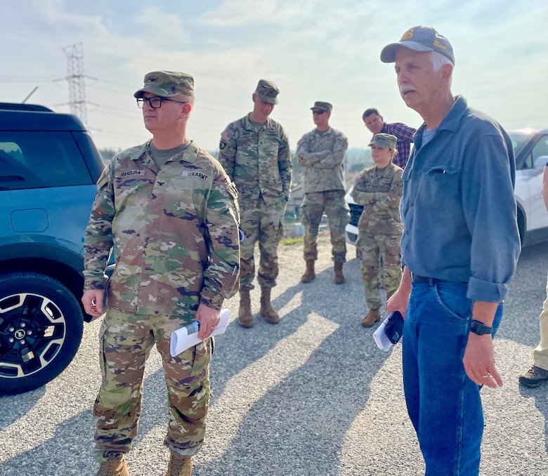 Doug Chitwood, U.S. Army Corps of Engineers Los Angeles District lead project engineer, right, talks with Col. James Handura, commander of the Corps’ South Pacific Division, left, during a site tour Jan. 18 on the Rio Hondo side of Whittier Narrows Dam in Montebello, California.