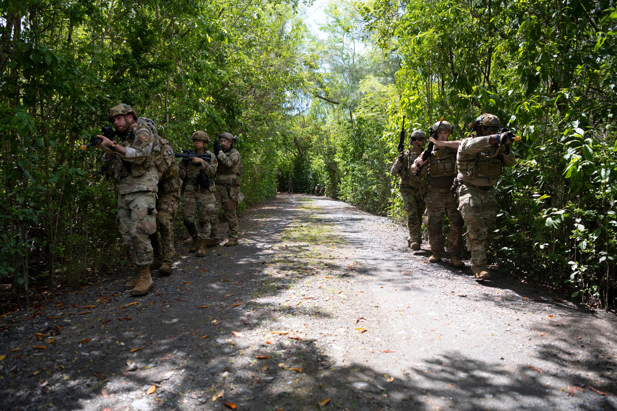 U.S. Airmen with the 156th Security Operations Squadron, Puerto Rico Air National Guard, and the 123rd Contingency Response Group, Kentucky Air National Guard, patrol a trail during air base ground defense training at Muñiz Air National Guard Base in Carolina, Puerto Rico, Sept. 21, 2023. During the training, Airmen reinforced air base ground defense skills utilized during contingency response operations in contested environments by practicing radio communications, warning and operation orders, vehicle searches, vehicle take-downs, close-quarter battle, and small team tactics. (U.S. Air National Guard photo by Master Sgt. Rafael D. Rosa)