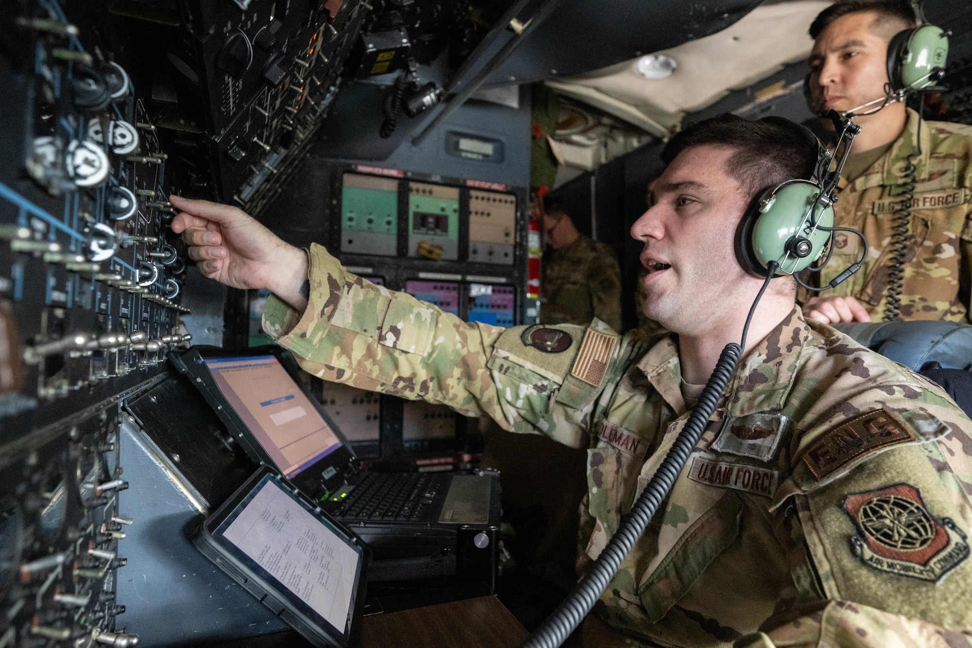 U.S. Air Force Staff Sgt. Christopher Coleman, 9th Airlift Squadron flight engineer conducts a pre-flight inspection on a C-5M Super Galaxy during a Fleet Launch Under Severe Hazards exercise at Dover Air Force Base, Delaware, Jan. 29, 2024. The C-5M FLUSH checklist was designed for an aircrew to launch the Super Galaxy from a ‘no power on’ or ‘dark’ status to an all four engines running posture and taxiing off the parking spot in minimal amount of time for departure in case of an imminent threat. (U.S. Air Force photo by Mauricio Campino)