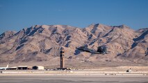 An F-22 Raptor assigned to the 525th Expeditionary Fighter Squadron, Joint Base Elmendorf-Richardson, Alaska, takes off in support of Exercise Bamboo Eagle 24-1 at Nellis Air Force Base, Nevada, Jan. 25, 2024.