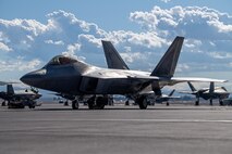 An F-22 Raptor assigned to the 525th Expeditionary Fighter Squadron, Joint Base Elmendorf-Richardson, Alaska, prepares for takeoff in support of Exercise Bamboo Eagle 24-1 at Nellis Air Force Base, Nevada, Jan. 25, 2024.