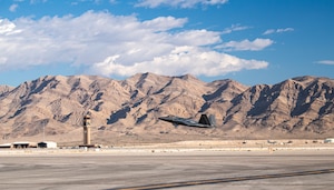 An F-22 Raptor assigned to the 525th Expeditionary Fighter Squadron, Joint Base Elmendorf-Richardson, Alaska, takes off in support of Exercise Bamboo Eagle 24-1 at Nellis Air Force Base, Nevada, Jan. 25, 2024.