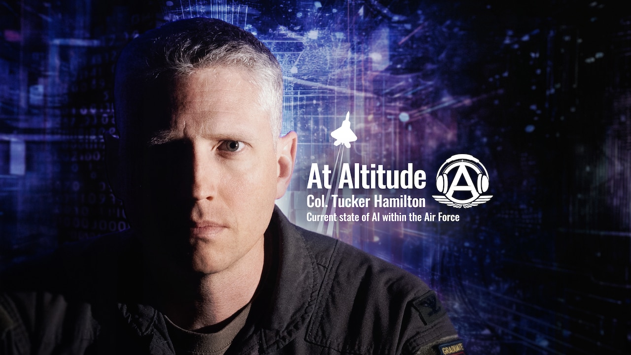 Portrait of an airman on a graphic that says "At Altitude" with a stylized aircraft.