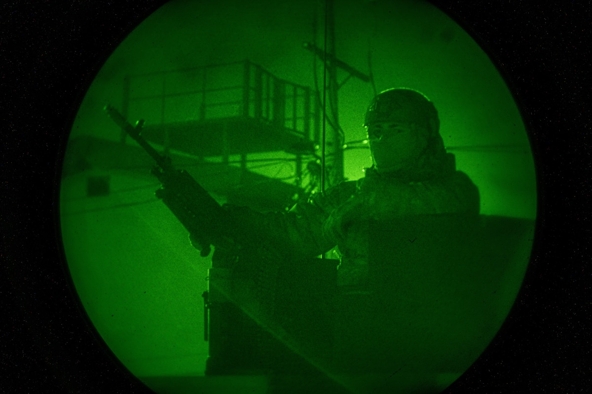 U.S. Air Force Airman 1st Class Lujuan Velez, 51st Security Forces Squadron Defender, provides additional security in a simulated security breach during Beverly Midnight 24-1 at Osan Air Base, Republic of Korea, Jan. 30, 2024. BM24-1 is a routine training event that tests the military capabilities across the peninsula, allowing combined and joint training at both the operational and tactical levels. The Airmen of the 51st Fighter Wing continuously train in different areas of base defense, allowing for additional security from multi-capable Airmen in the event of potential threats. (U.S. Air Force photo by Airman 1st Class Chase Verzaal)