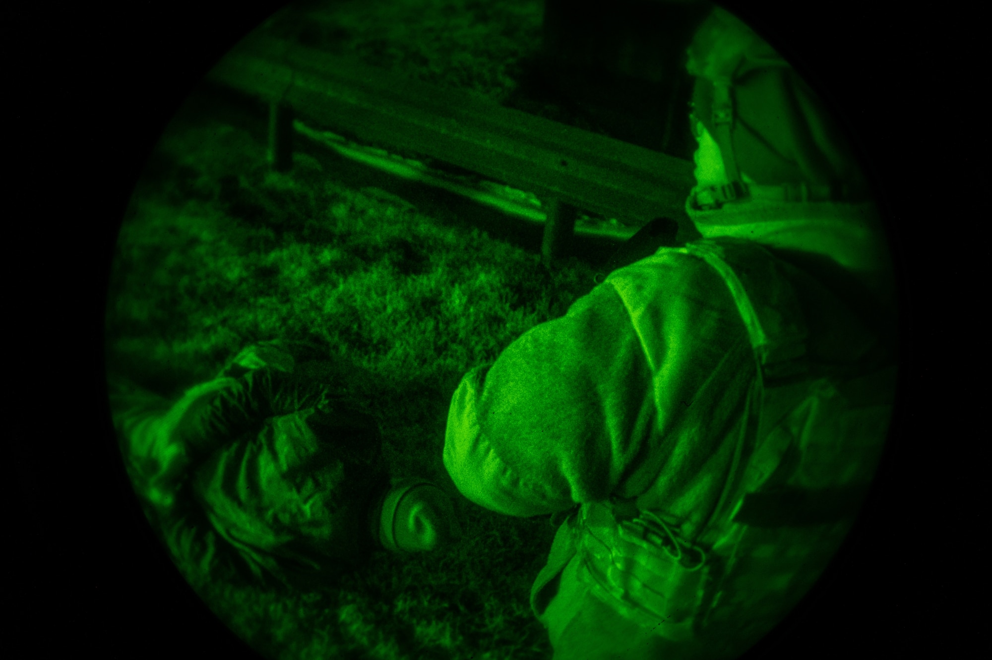 U.S. Air Force Senior Airman Joshua Sanchez, 51st Security Forces Squadron Defender, guards a detainee in a simulated security breach during Beverly Midnight 24-1 at Osan Air Base, Republic of Korea, Jan. 30, 2024. BM24-1 is a routine training event that tests the military capabilities across the peninsula, allowing combined and joint training at both the operational and tactical levels. The 51st Fighter Wing guards the freedom of 51 million people by deterring aggression, defending the ROK, and defeating any attack against the ironclad ROK-US Alliance. (U.S. Air Force photo by Airman 1st Class Chase Verzaal)