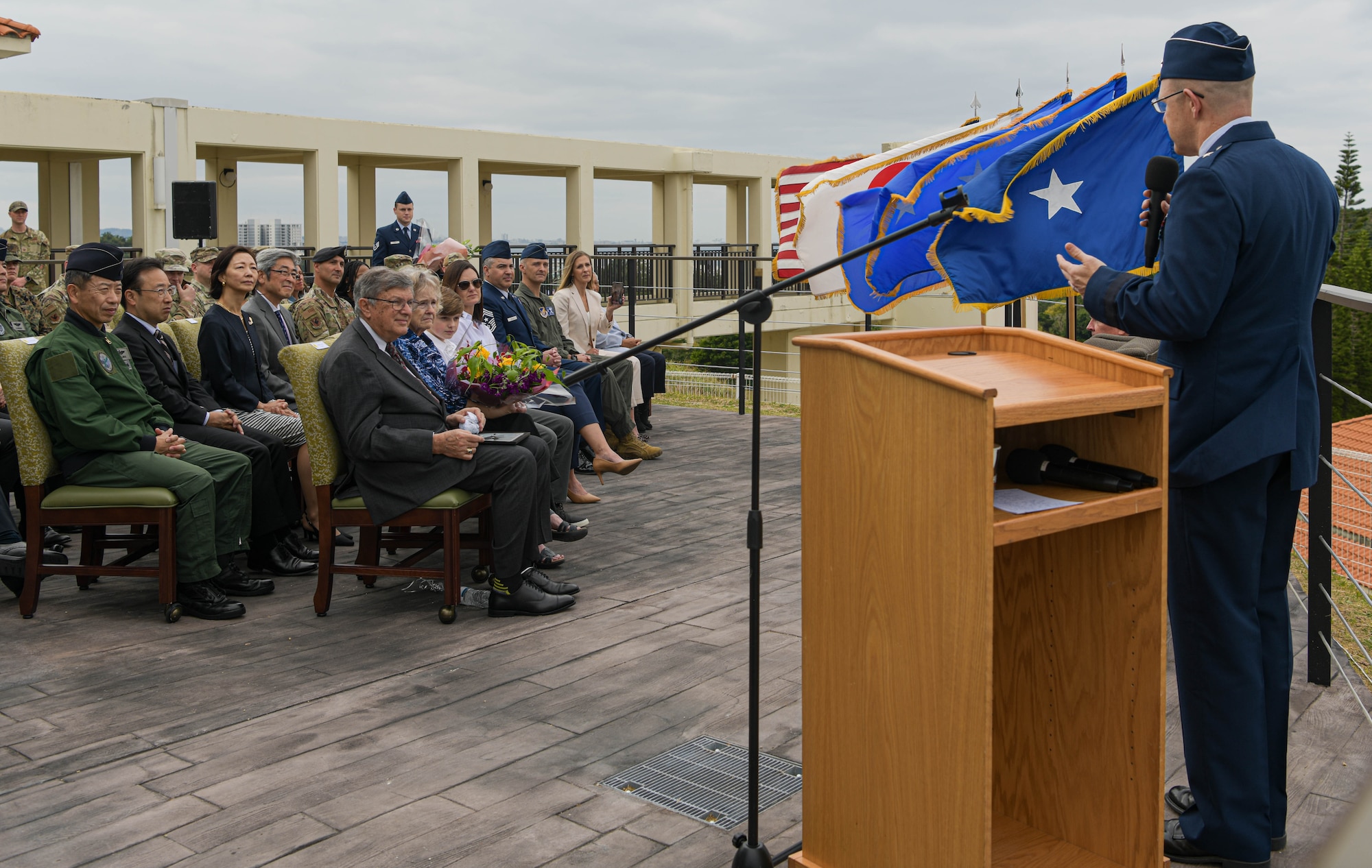 U.S. Air Force Brig. Gen. Nicholas Evans, 18th Wing commander, speaks at his promotion ceremony.