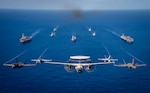 PHILIPPINE SEA (Jan. 31, 2024) Aircraft assigned to Carrier Air Wing (CVW) 2, fly in formation during multi large deck event (MLDE) held in the Philippine Sea, Jan. 31. MLDE provides the U.S. Navy and Japan Maritime Self Defense force an opportunity to engage in joint operations to include enhanced maritime communication operations, air warfare operations and cross-deck flight operations to strengthen maritime integrated-at-sea operations and combat readiness. (U.S. Navy photo)