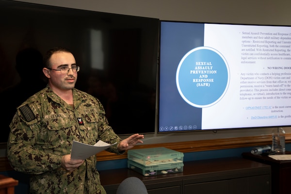 240124-N-KC192-1025 PORTSMOUTH, Va. (Jan. 24, 2024) Religious Program Specialist 2nd Class Nick Leyba, the leading petty officer for the Religious Ministry Team assigned to the Mercy-class hospital ship USNS Comfort (T-AH 20), presents on mental health resources present on board Navy Support Activity (NSA) Hampton Roads - Portsmouth Annex during Sailor 360 training on board NSA Hampton Roads - Portsmouth Annex, Jan. 24, 2024. Sailor 360 gives leaders the flexibility to tailor existing source material to fit their needs. The program allows Sailors of all ranks to speak candidly towards improving their personal and professional cooperation. (U.S. Navy photo by Mass Communication Specialist 2nd Class Levi Decker)
