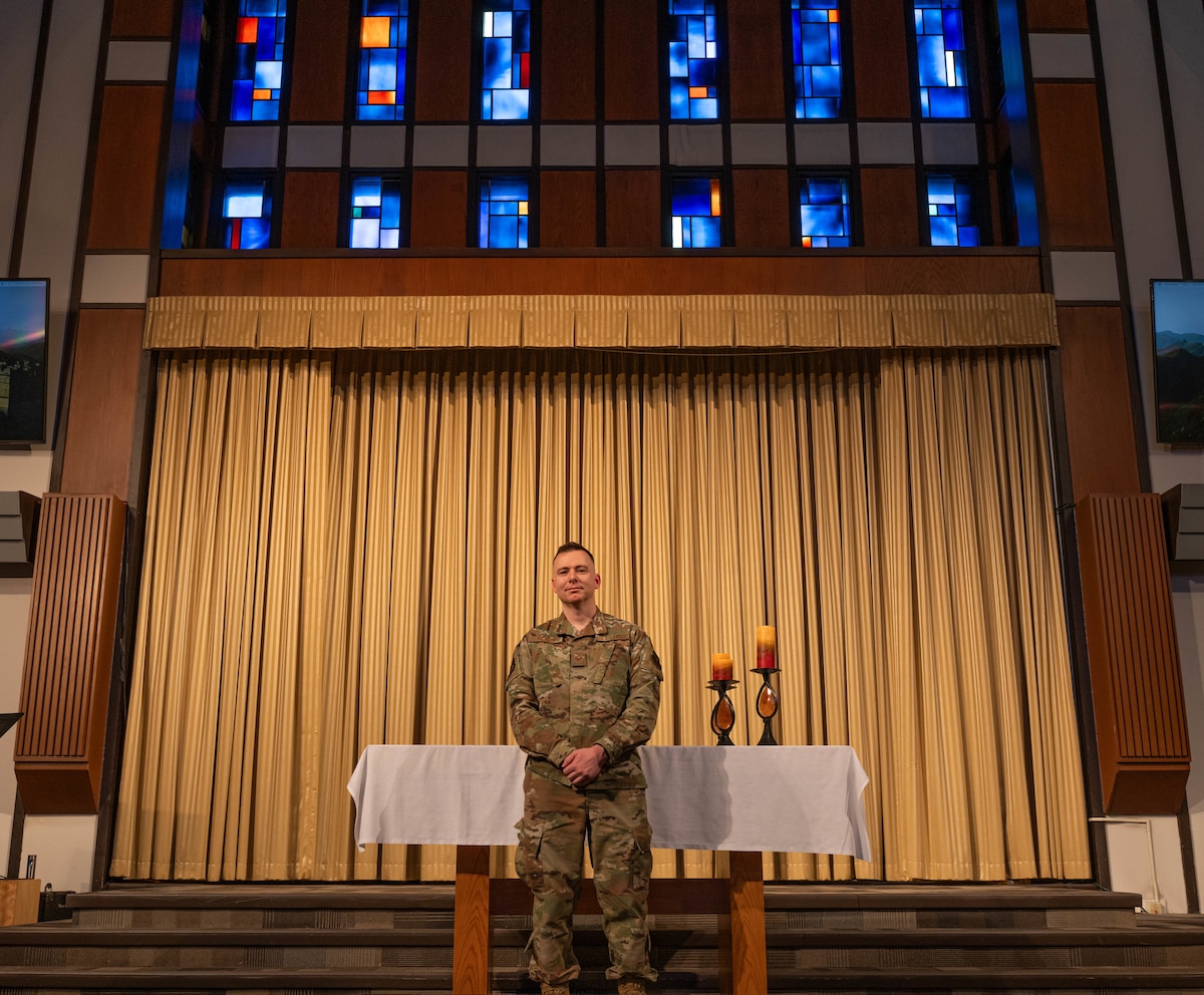 U.S. Air Force Staff Sgt. Daniel Starr, chapel augmentee flight NCOIC, poses for a photo at the North Plains Chapel at Minot Air Force Base, North Dakota, Jan. 25, 2024. Starr was recently selected to attend Air Force Officer Training School to commission as a chaplain. (U.S. Air Force photo by Airman 1st Class Kyle Wilson)