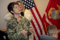 240124-N-KC192-1077 PORTSMOUTH, Va. (Jan. 24, 2024) Cmdr. Tracy Krauss, the specialty leader of public health nursing at Navy Medicine Readiness and Training Unit (NMRTU) Norfolk, gives training on service dogs during Sailor 360 training on board Navy Support Activity (NSA) Hampton Roads - Portsmouth Annex , Jan. 24, 2024. Sailor 360 gives leaders the flexibility to tailor existing source material to fit their needs. The program allows Sailors of all ranks to speak candidly towards improving their personal and professional cooperation. (U.S. Navy photo by Mass Communication Specialist 2nd Class Levi Decker)