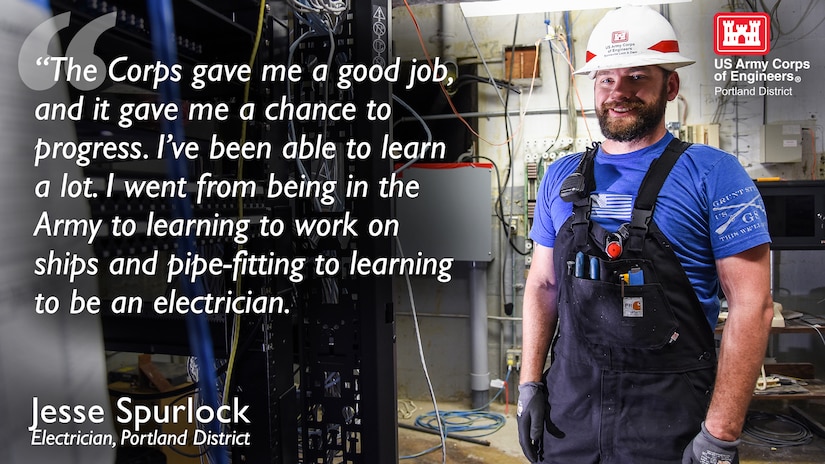 A man stands in an electrical room wearing a Corps of Engineers labeled hard hat. The words, "The Corps gave me a good job, and it gave me a chance to progress. I've been able to learn a lot. I went from being in the Army to learning to work on ships and pipe-fitting to learning to be an electrician," are displayed across the left side of the image.