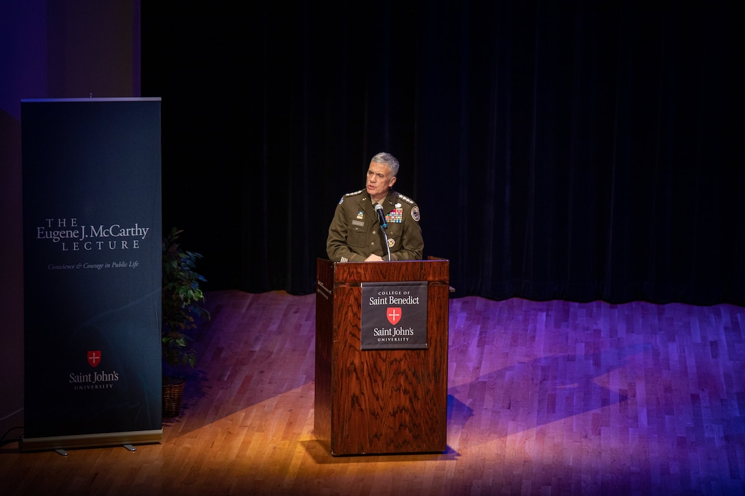 Gen. Paul M. Nakasone speaks at his alma mater, the College of Saint Benedict and Saint John's University.