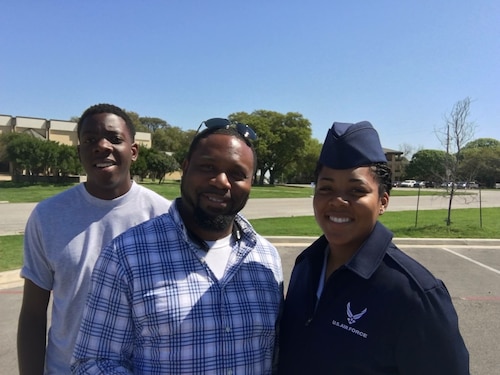 U.S. Space Force Sgt. Kendra Walker (right) poses with father (middle) and brother (left), both named Kenrick at Waker’s Basic Military Training at Joint Base San Antonio, Texas, March of 2016. Walker initially enlisted into the U.S. Air Force as a Missile Facilities Maintainer. (Courtesy photo)