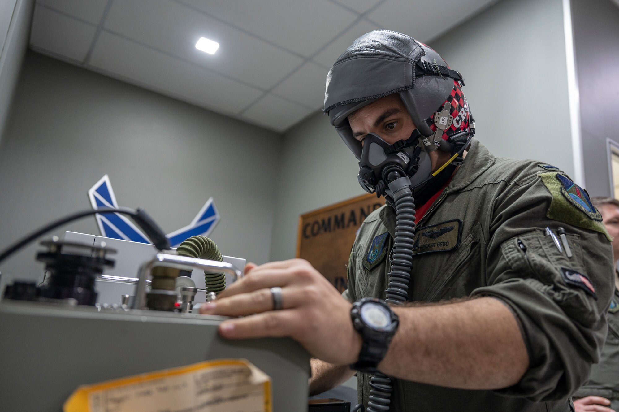 U.S. Air Force 1st Lt. Hayden Gebo, 345th Expeditionary Bomb Squadron B-1B Lancer pilot, out of Dyess Air Force Base, Texas, performs a preflight check at Paya Lebar Air Base, Singapore, Jan. 19, 2024. The U.S. Air Force’s partnership with the Republic of Singapore Air Force provides valuable professional exchanges and training opportunities with different aircraft and aircrews. (U.S. Air Force Photo by Senior Airman Ryan Hayman)