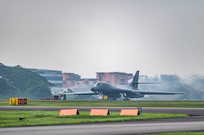 A B-1B Lancer assigned to the 345th Expeditionary Bomb Squadron, out of Dyess Air Force Base, Texas, takes off at Paya Lebar Air Base, Singapore, Jan. 24, 2024. The 345th EBS arrived in Singapore as part of regular U.S. Air Force training and engagements with key partners in the region. (U.S. Air Force photo by Senior Airman Ryan Hayman)