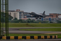 A B-1B Lancer assigned to the 345th Expeditionary Bomb Squadron, out of Dyess Air Force Base, Texas, prepares to land at Paya Lebar Air Base, Singapore, Jan. 19, 2024. The 345th EBS arrived in Singapore as part of regular U.S. Air Force training and engagements with key partners in the region. (U.S. Air Force Photo by Senior Airman Ryan Hayman)