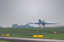 A B-1B Lancer assigned to the 345th Expeditionary Bomb Squadron, out of Dyess Air Force Base, Texas, takes off at Paya Lebar Air Base, Singapore, Jan. 24, 2024. The 345th EBS arrived in Singapore as part of regular U.S. Air Force training and engagements with key partners in the region. (U.S. Air Force photo by Senior Airman Ryan Hayman)