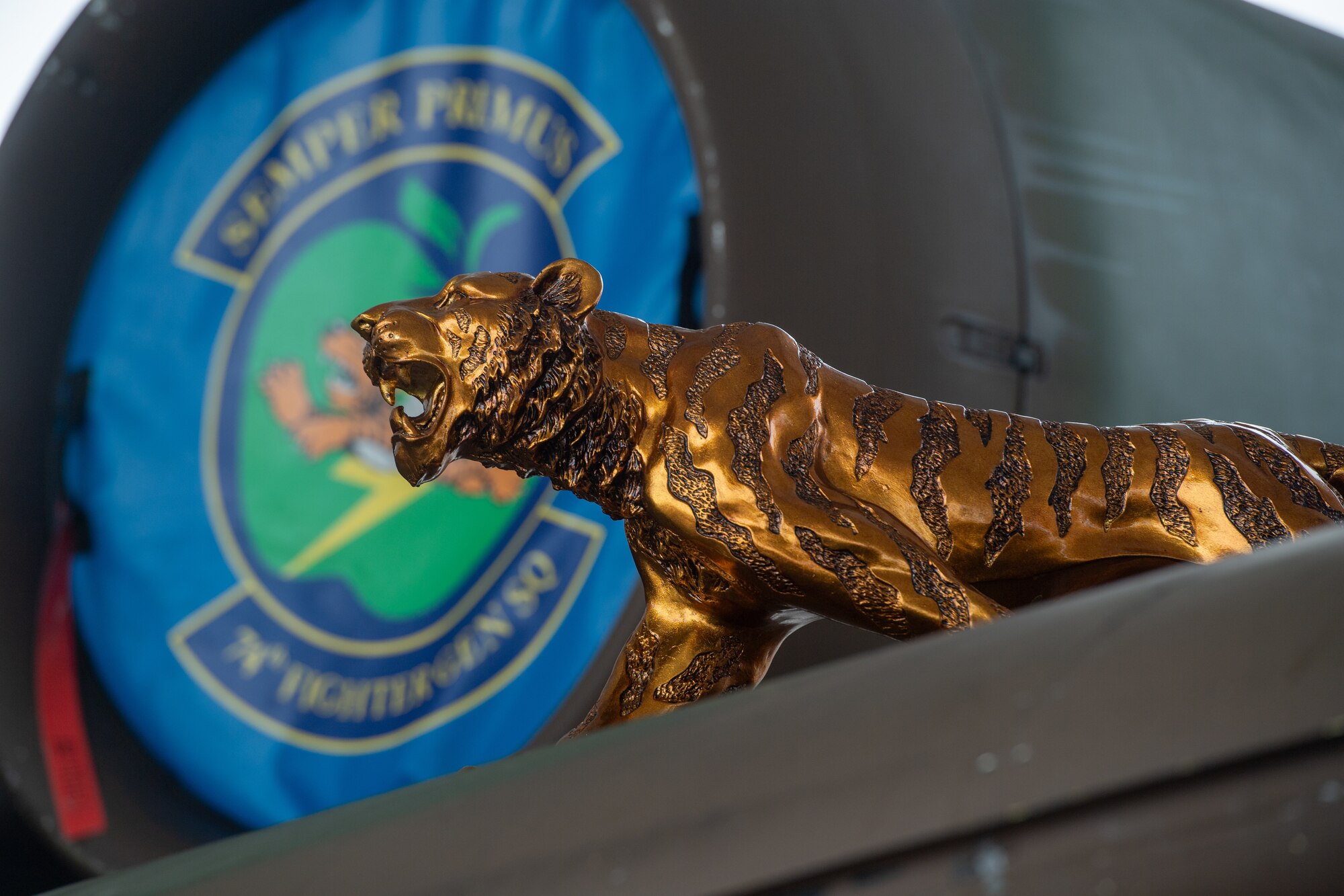 The 74th Fighter Generation Squadron’s tiger statue sits on the wing of an A-10C Thunderbolt II during a Top Tiger competition at Moody Air Force Base, Georgia, Jan. 26th, 2024. The 74th FGS won the quarterly competition. (U.S. Air Force photo by Airman Cade Ellis)